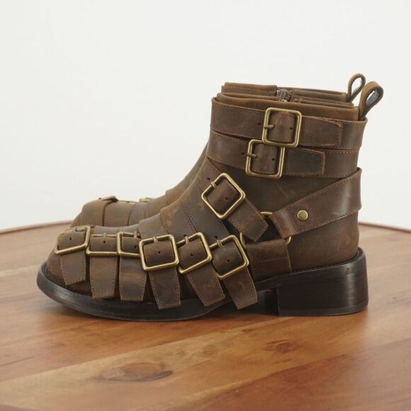Jeffrey Campbell Womens Belted Up Biker Boots Brown Leather Buckles Block Heel 6 - Picture 4 of 9